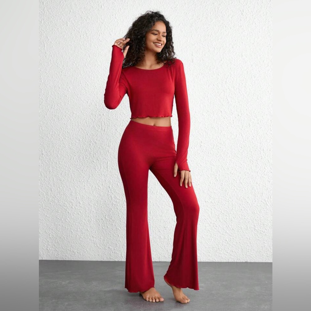 SHEIN Leisure Women's Lettuce Trim Casual Suit Set - Size Small